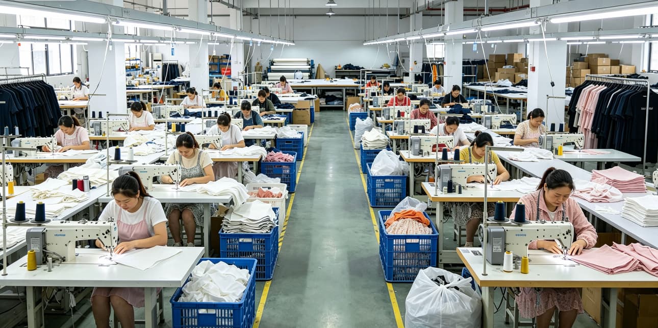 Rows of sewing operators assembling garment panels on the AIHEHUA production floor
